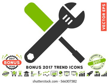 Eco Green And Gray Tools icon with bonus 2017 trend pictograph collection. Vector illustration style is flat iconic bicolor symbols, white background.