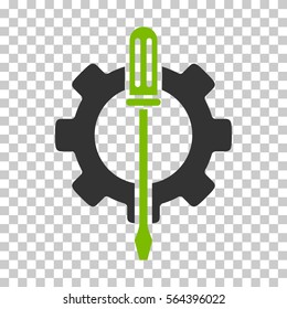 Eco Green And Gray Tuning Options Gear interface toolbar pictogram. Vector pictograph style is a flat bicolor symbol on chess transparent background.