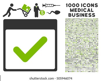 Eco Green And Gray Valid Day Calendar Page vector icon with 1000 medical business pictograms. Set style is flat bicolor symbols, eco green and gray colors, white background.