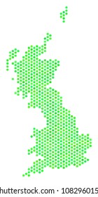 Eco green Great Britain map. Vector hex tile geographic plan in green color tinges. Abstract Great Britain map composition is combined with honeycomb items.