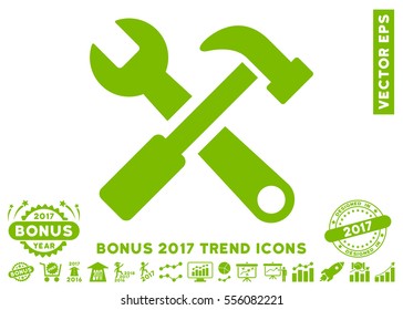 Eco Green Hammer And Wrench icon with bonus 2017 year trend pictograph collection. Vector illustration style is flat iconic symbols, white background.