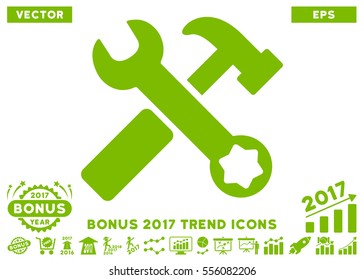 Eco Green Hammer And Wrench pictograph with bonus 2017 year trend design elements. Vector illustration style is flat iconic symbols, white background.