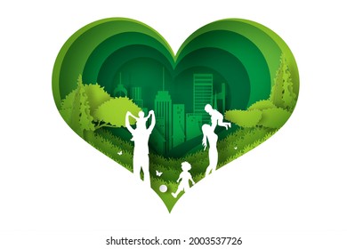 Eco Green happy family having fun playing in the field. paper cut and craft design Environment nature day concept.people lifestyle enjoy in garden park Picnic in holiday. heart shape curve concept