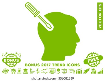 Eco Green Head Surgery Screwdriver pictogram with bonus 2017 year trend symbols. Vector illustration style is flat iconic symbols, white background.