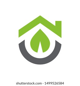 Eco Green Home Logo Icon, House And Leaf Symbol, Isolated On White Background