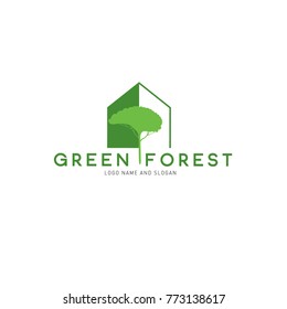 Eco green house. Green forest property and housing estate logo and icon.