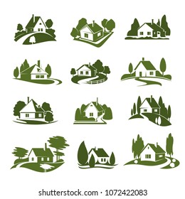 Eco green house icon with tree and lawn. Green cottage silhouette with garden plant, path and driveway, hedge and fence for landscaping service and real estate company emblem or ecology themes design