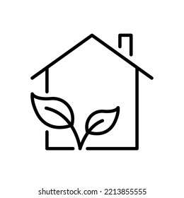 Eco Green House Line Icon. Ecology Real Estate Building with Leaf Pictogram. Environment Conservation Architecture Outline Icon. Bio Natural House. Editable Stroke. Isolated Vector Illustration.