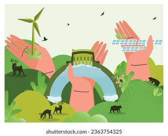 eco green hydro power solar cell and wind energy.Green eco vector illustration .Nature environment.Save the earth from climate changes by renewal energy.