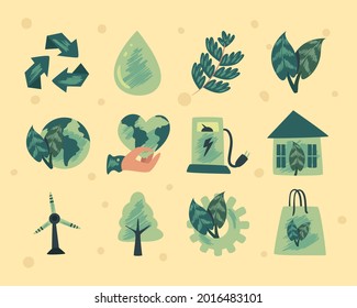 Eco and green icon collection on yellow background