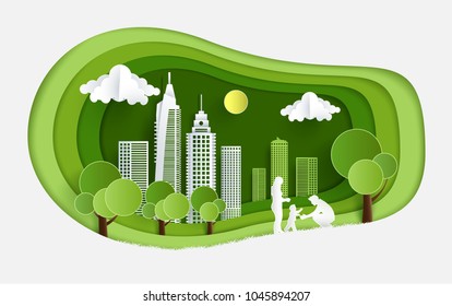 eco green illustration with views of grass, hills, houses and family fun. design paper art and crafts