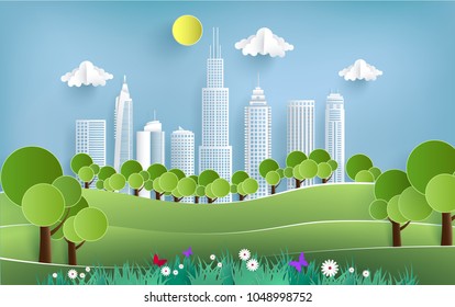 eco green illustration with views of grass, hills and city. design paper art and crafts