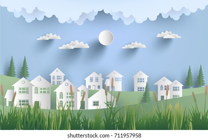 eco green illustration with views of grass, hills, beautiful homes. design paper art and crafts