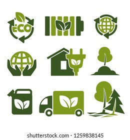 Eco green isolated icons reusing reducing and recycling saving ecology energy economy planet protection human hands house and electricity preserving trees and plants fuel and transport vector.