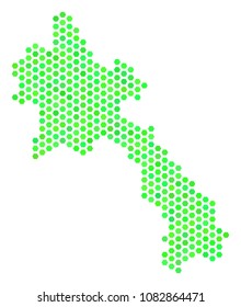 Eco green Laos map. Vector hex tile territory plan in green color tints. Abstract Laos map collage is done with hex tile spots.
