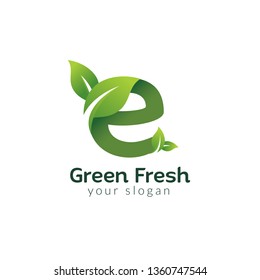 Eco green letter E logo design template. Green alphabet vector designs with green and fresh leaf illustration.