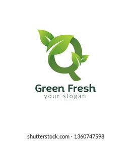 Eco green letter Q logo design template. Green alphabet vector designs with green and fresh leaf illustration.
