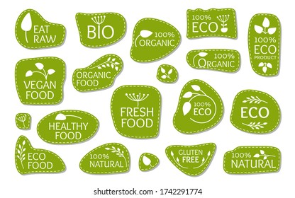 Eco green logo label with leaves. Emblem for organic natural product, bio, gluten free, eat raw. Patch sign for vegan fresh, healthy food. Sticker for badge, tag packaging Isolated vector illustration