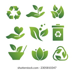 Eco green logo set. Hand with plant, recycling and reuse icon. Natural and organic products, vegetarian diet. Caring for nature and environment. Flat vector collection isolated on white background