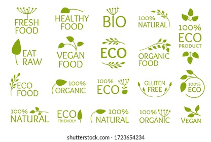 Eco green logo set, icon with leaves. Emblem symbol for organic natural product, bio, gluten free, eat raw. Vegan fresh, healthy food. Sign for badges, tags, packaging. Isolated vector illustration