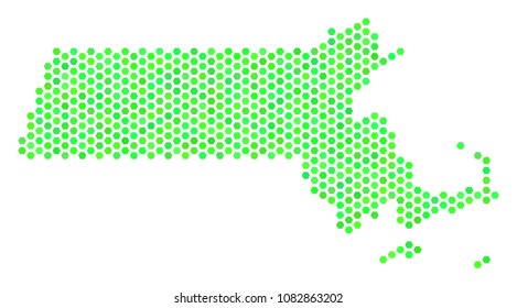 Eco green Massachusetts State map. Vector hexagonal geographic plan using eco green color tones. Abstract Massachusetts State map mosaic is formed of hex tile spots.