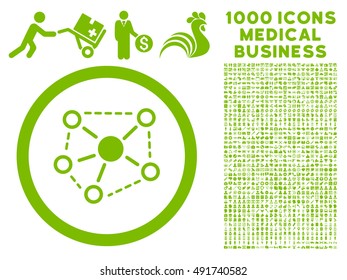 Eco Green Molecule Links vector rounded icon. Image style is a flat icon symbol inside a circle, white background. Bonus clipart contains 1000 medical business design elements.