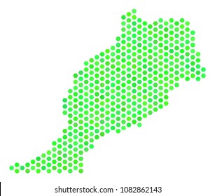 Eco green Morocco map. Vector hex tile territory map using eco green color shades. Abstract Morocco map concept is formed of honeycomb spots.