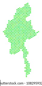 Eco green Myanmar map. Vector hex-tile geographic plan in eco green color variations. Abstract Myanmar map collage is created of hexagon elements.