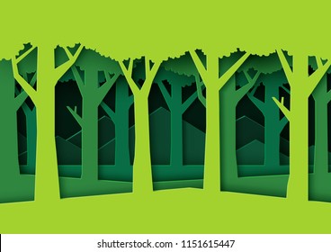 Eco green nature forest background template.Forest plantation with ecology and environment conservation creative idea concept paper art style.Vector illustration.