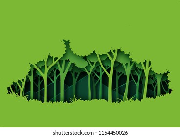 Eco green nature forest background template.Ecology and environment conservation creative idea concept paper art style.Vector illustration.