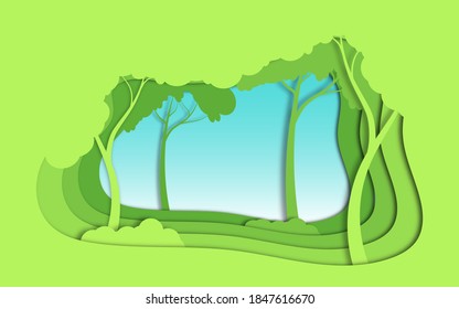 Eco green nature forest environment background template. green Forest plantation with ecology and environment conservation creative idea concept in paper cut art style.Vector illustration.
