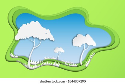 Eco green nature forest scenery landscape background . Nature landscape  with hills, trees, sun, blue sky and mountains creative idea concept  in paper cut craft art style. Vector illustration.
