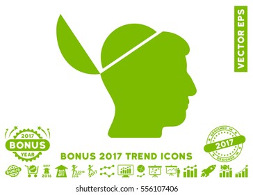 Eco Green Open Brain icon with bonus 2017 year trend pictograms. Vector illustration style is flat iconic symbols, white background.