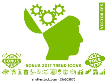 Eco Green Open Mind Gears pictograph with bonus 2017 trend icon set. Vector illustration style is flat iconic symbols, white background.