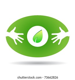 Eco green oval icon with hands
