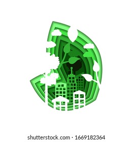 Eco Green Paper Cut Background Vector Nature City Clouds Forest