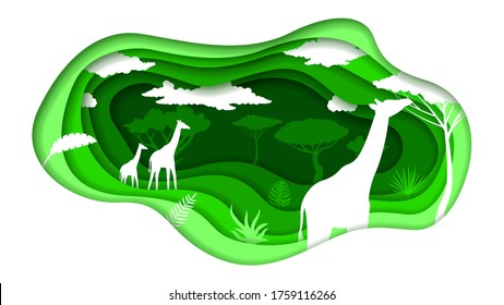 Eco Green Paper Cut Background Vector Nature Animal Clouds Forest With Giraffe