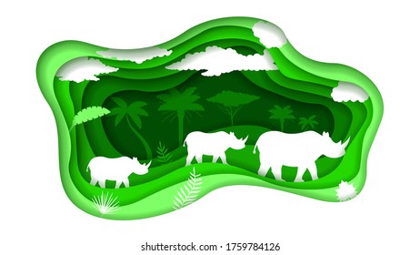 Eco Green Paper Cut Background Vector Nature Animal Clouds Forest With Rhinoceros