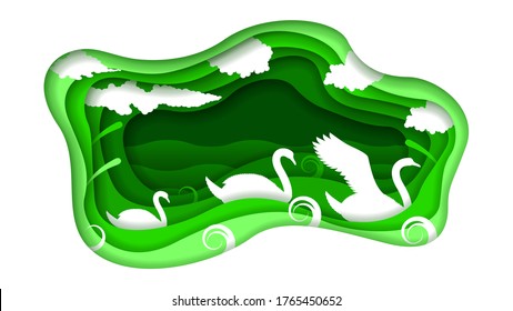 Eco Green Paper Cut Background Vector Nature Animal Clouds With Swan