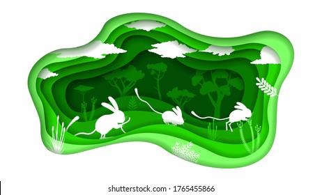 Eco Green Paper Cut Background Vector Nature Animal Clouds With jerboa