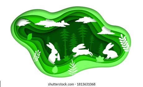 Eco Green Paper Cut Background Vector Nature Animal Clouds Forest With Rabbits Silhouette Design