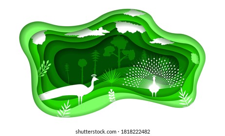 Eco Green Paper Cut Background Vector Nature Animal Clouds Forest With Peacock