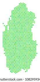 Eco green Qatar map. Vector honeycomb territory scheme drawn with fresh green color tinges. Abstract Qatar map collage is combined with hexagon blots.