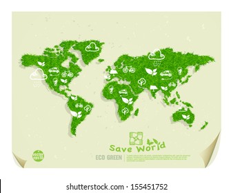 Eco green & save the world drawing concept on world map with grass texture and recycle paper, vector illustration 