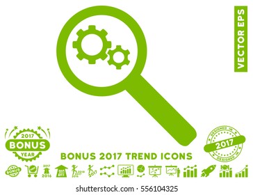 Eco Green Search Gears Tool icon with bonus 2017 year trend pictograms. Vector illustration style is flat iconic symbols, white background.