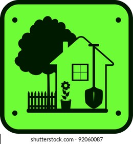 eco green sign garden work with tree, house, flower and tools