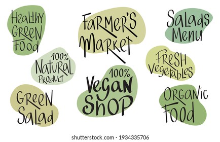 Eco green sign lettering for vegetarian, vegan shop, farmers market, natural organic food. Set of vector handwritten words isolated on white background.