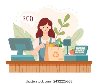 Eco green store cashier. Woman giving eco friendly bag. Isolated on white background