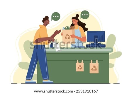 Eco green store. Man buys natural and organic products in store. Caring for ecology and environment. Vegetarian lifestyle. Healthy diet and proper nutrition. Flat vector illustration