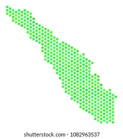 Eco green Sumatra Island map. Vector hexagon geographic map in fresh green color hues. Abstract Sumatra Island map concept is created of hexagon elements.